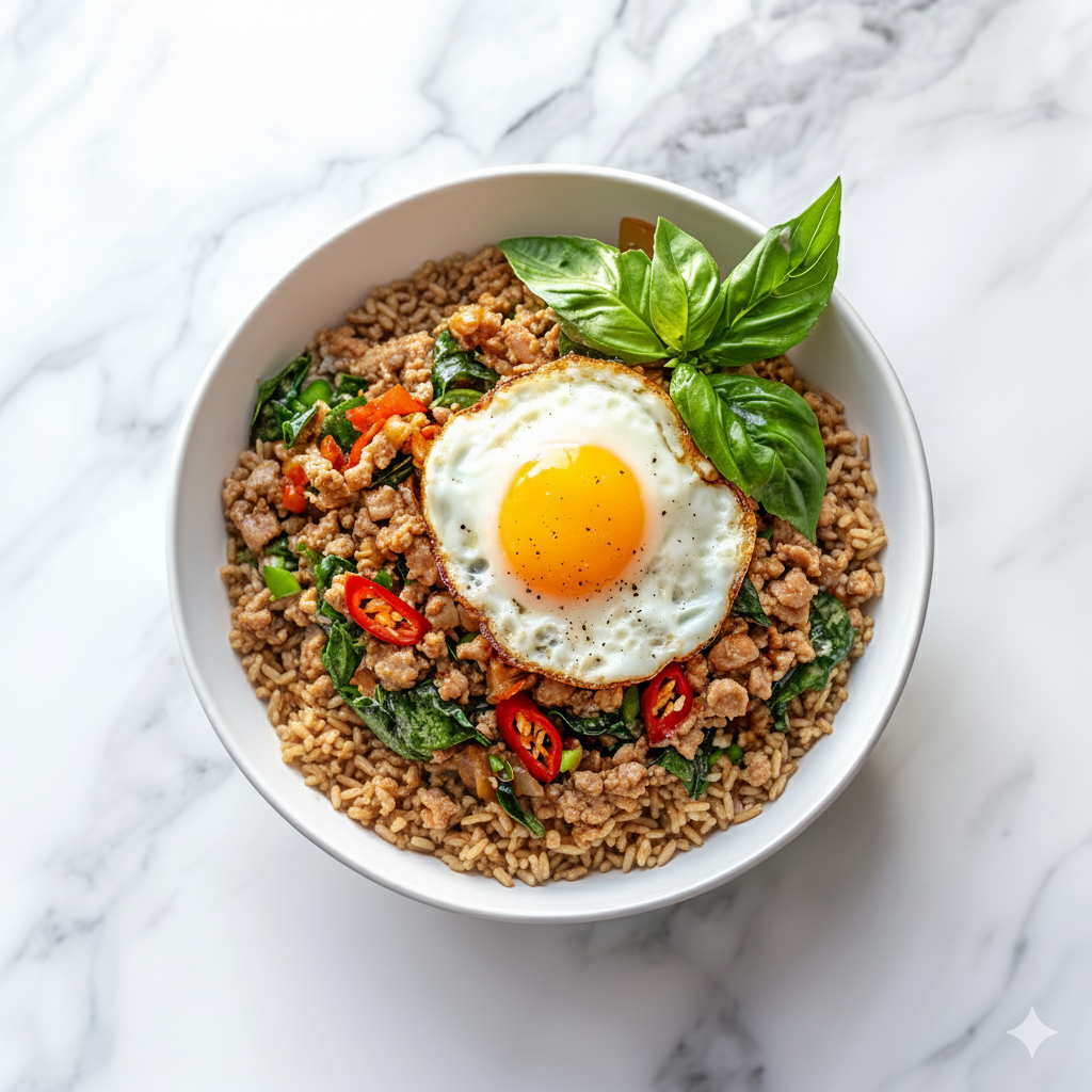 A: Thai Basil Pork Stir-fry with Brown Rice and Fried Egg 泰式打抛猪肉饭配荷包蛋 (Mar 22/ Mar 25)