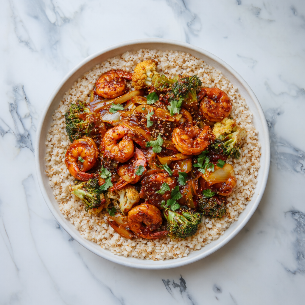 D: Spicy Hot Pot Shrimp Stir-fry with Brown Rice 低卡鲜虾麻辣香锅配糙米饭(微辣) (Feb 15/ Feb 18)