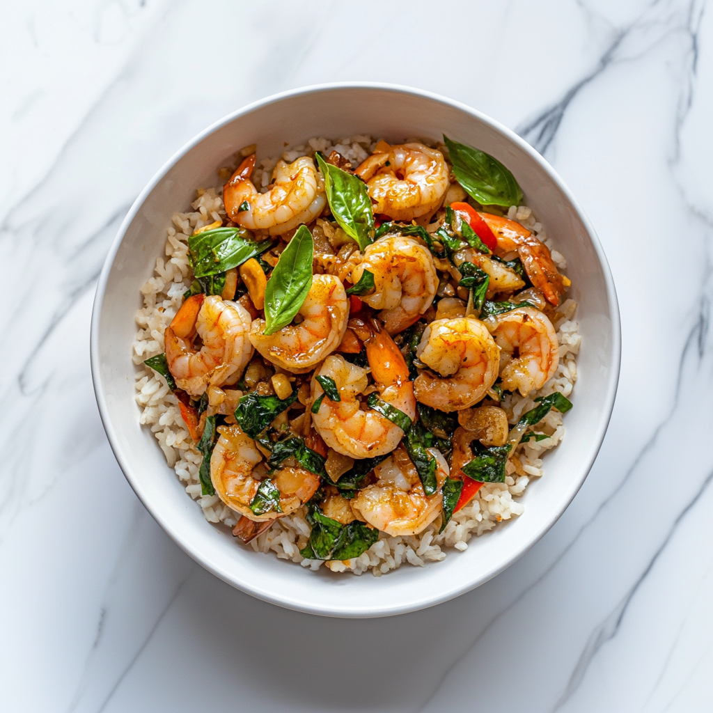 F: Thai Basil and Shrimp Stir-fry with Brown Rice 泰式九层塔炒大虾配糙米饭 (August 9/12)