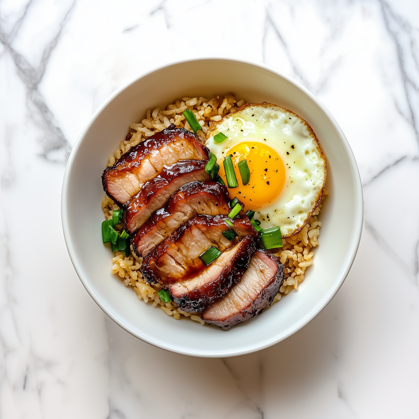 Hong Kong Style Cha Siu with brown rice and fried egg.