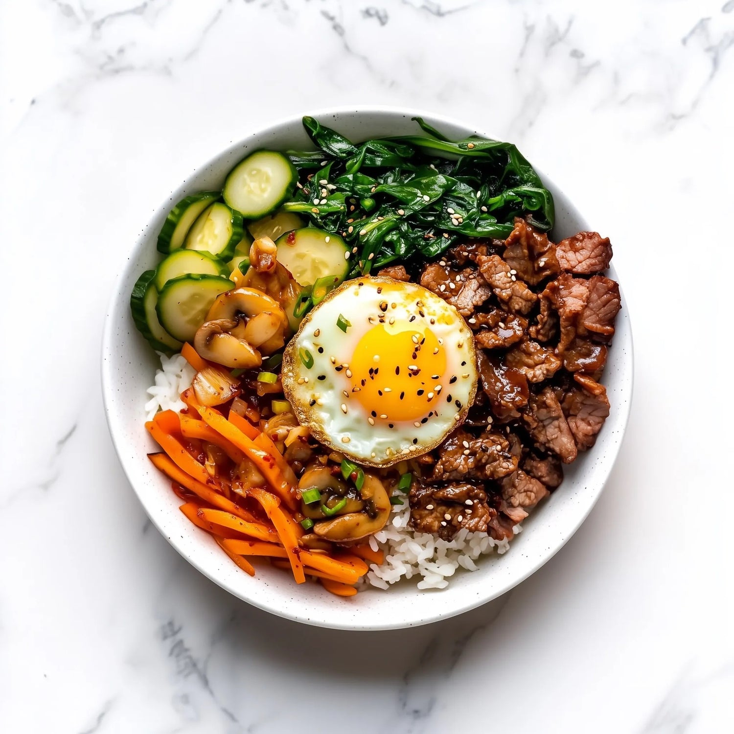 Classic Korean Beef Bibimbap served on brown rice.