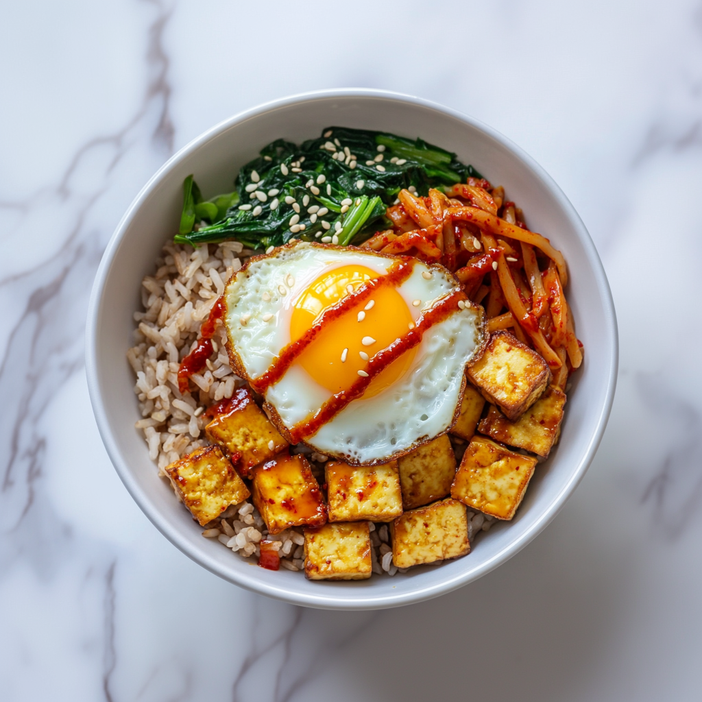 Tofu Bibimbap with Fried Egg and Brown Rice topped with assorted vegetables and tofu.