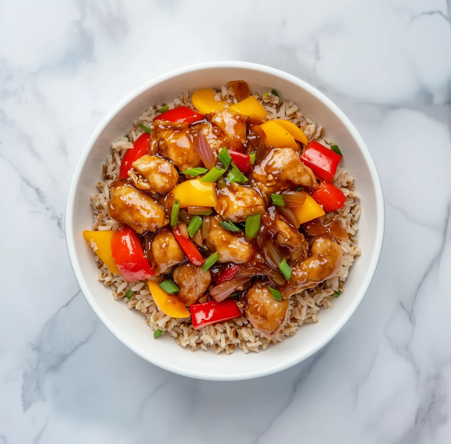 Xinjiang-style braised chicken with brown rice, featuring rich flavours.