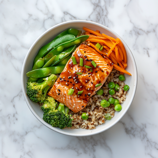 Japanese fusion teriyaki salmon on brown rice.