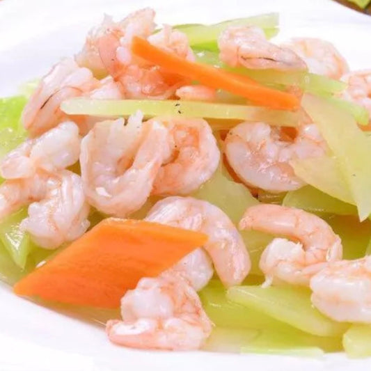 Garlic shrimp stir-fry with lettuce root over brown rice.