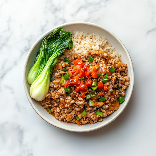 B: Ground Pork with Tomato Pepper Stir-fry and Brown Rice 云南红三剁配杂粮饭 (June 14/17)