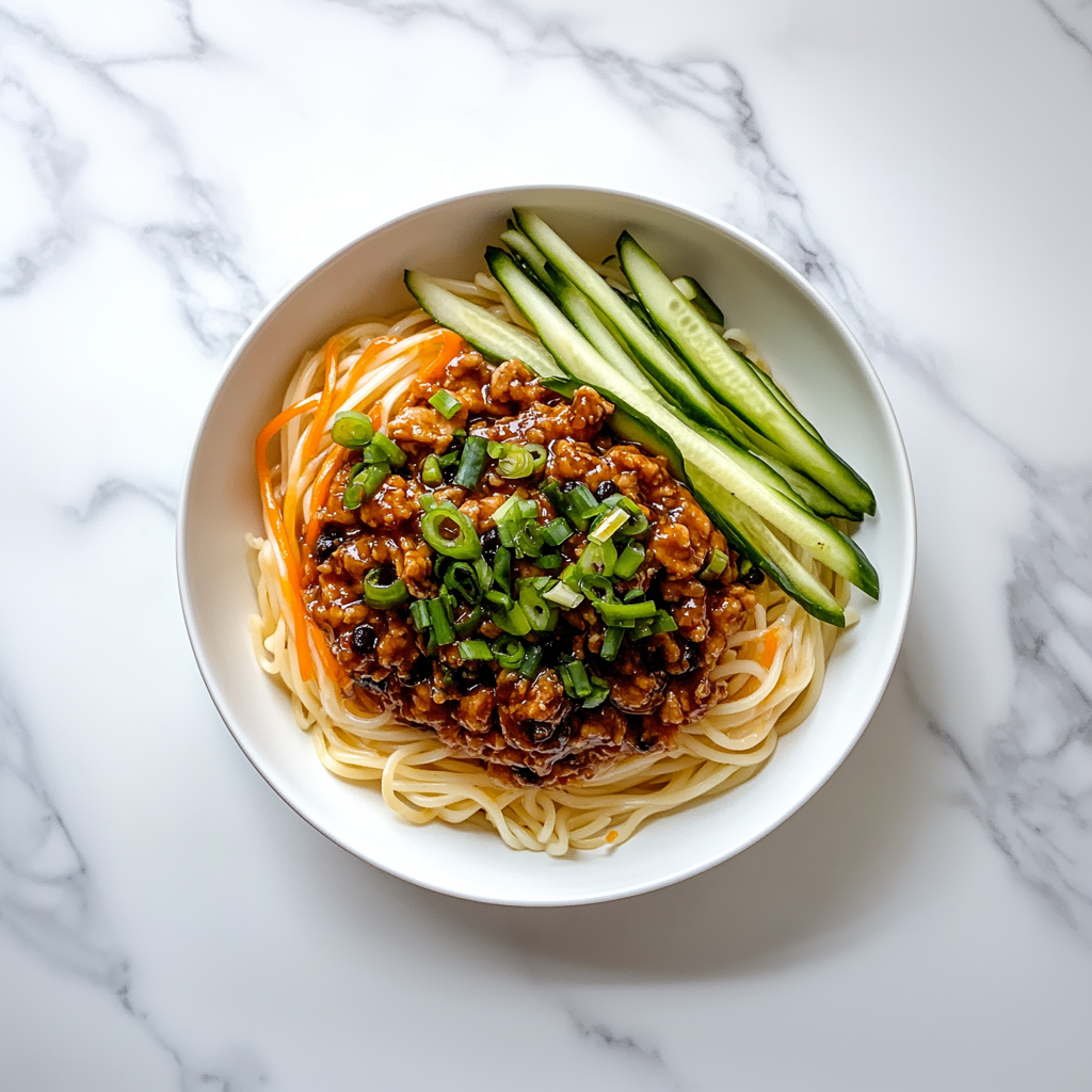 Peking Fried Sauce noodles with minced pork and soy bean sauce.