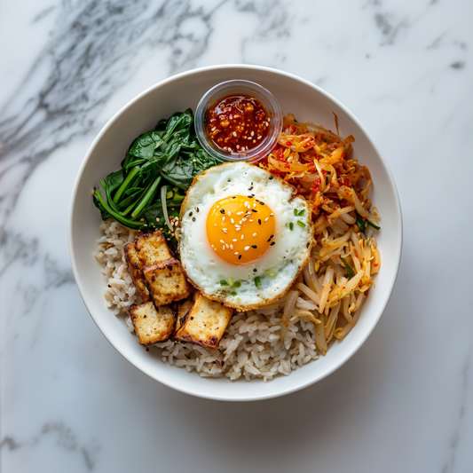 C: Tofu Bibimbap with Fried Egg and Brown Rice 豆腐石锅拌饭配煎鸡蛋 (Mar 8/ Mar 11)