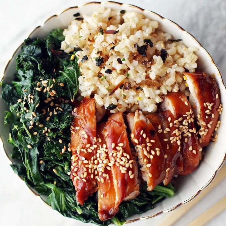 Japanese inspired teriyaki chicken Mi BOWL bowl with brown rice.