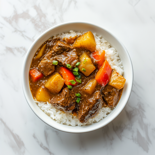 Hong Kongese Beef Curry with brown rice. Rich and flavourful.