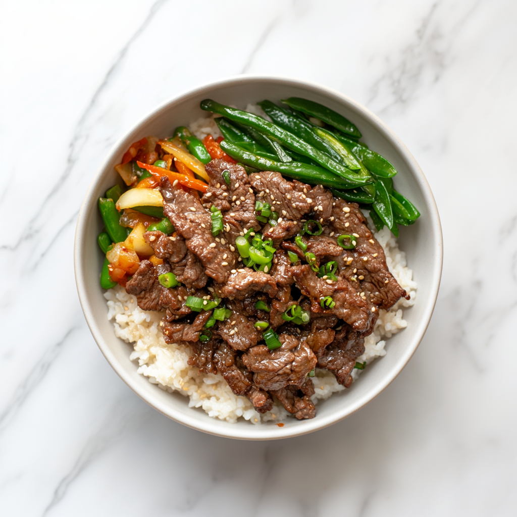 Tender Korean beef bulgogi on brown rice; savoury, sweet, and flavourful.