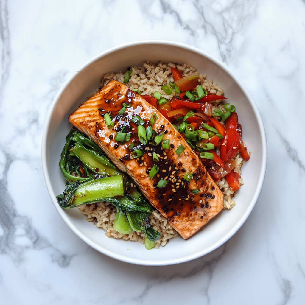 Salmon with spicy black bean chilli, served with brown rice.