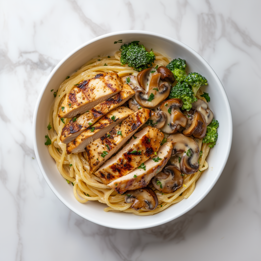 I: Grilled Chicken with Creamy Mushroom Sauce and Pasta 香烤鸡胸蘑菇白酱意面 (August 9/12)