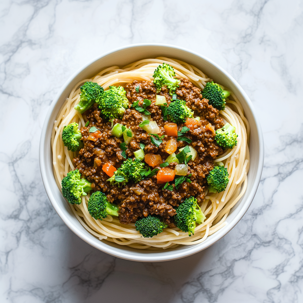 Italian fusion Spaghetti dish with rich beef Bolognese.