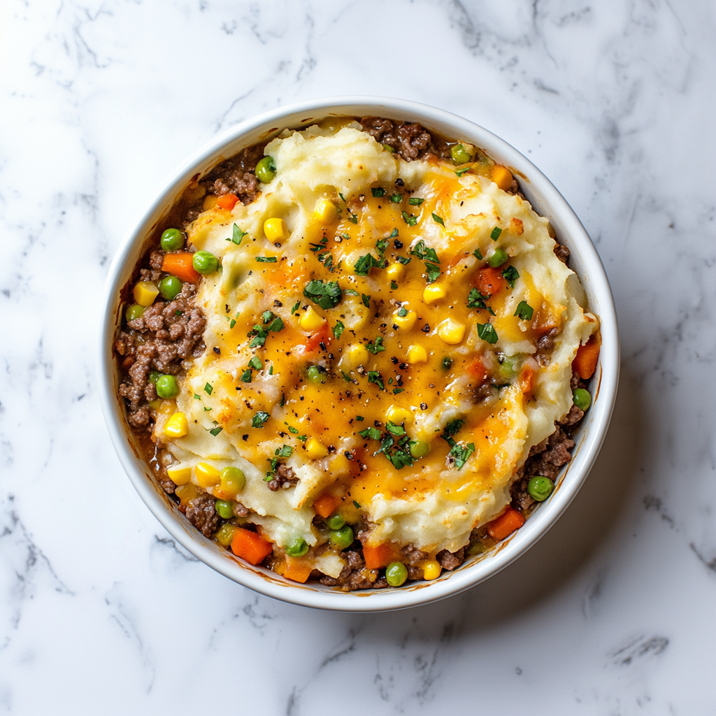 Beef Shepherd's Pie with vegetables and cheesy mashed potato topping.