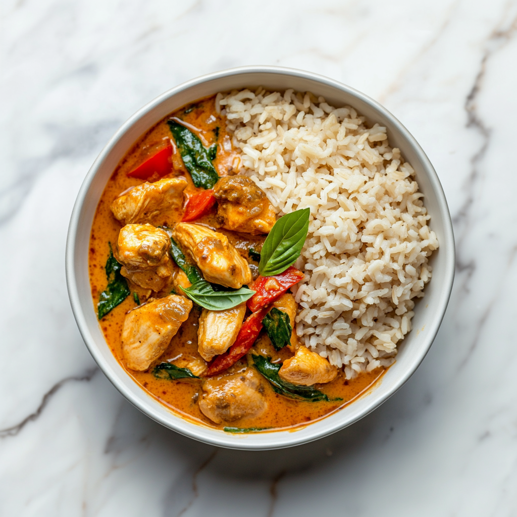 Aromatic Thai chicken curry with hearty brown rice.